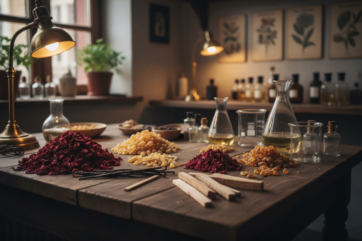 Beyaz Atelier iç mekân — doğal hammaddelerle çalışma masası