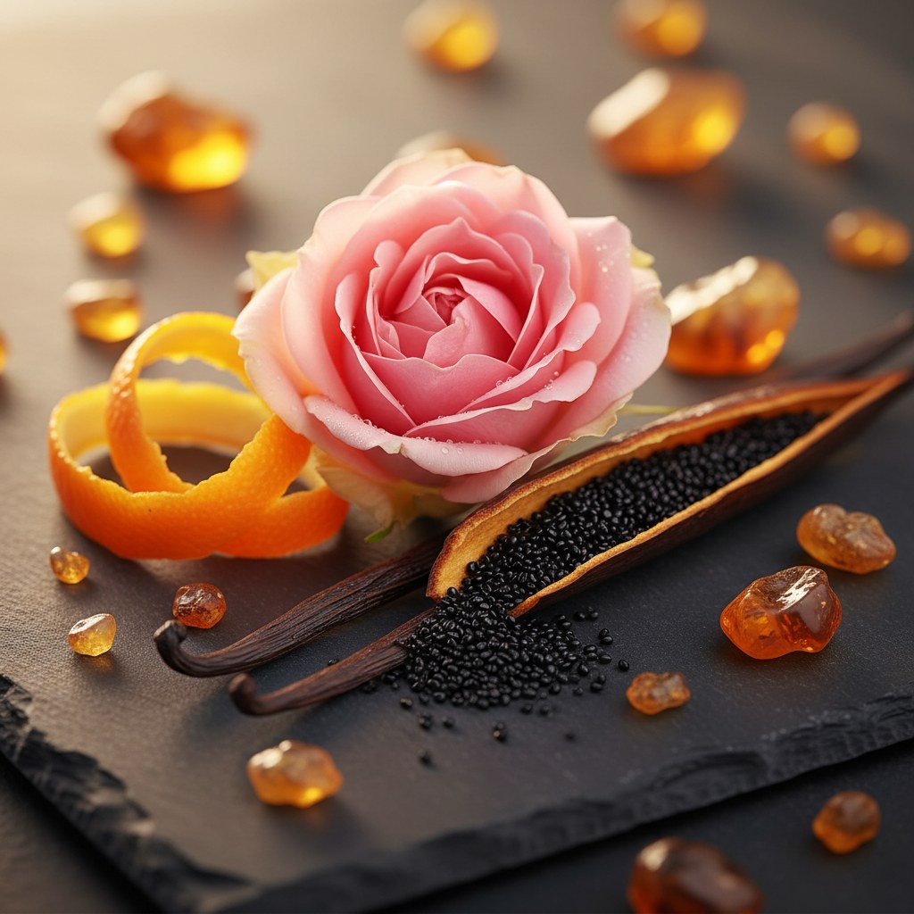 Doğal parfüm hammaddeleri — gül, bergamot, vanilya, amber
